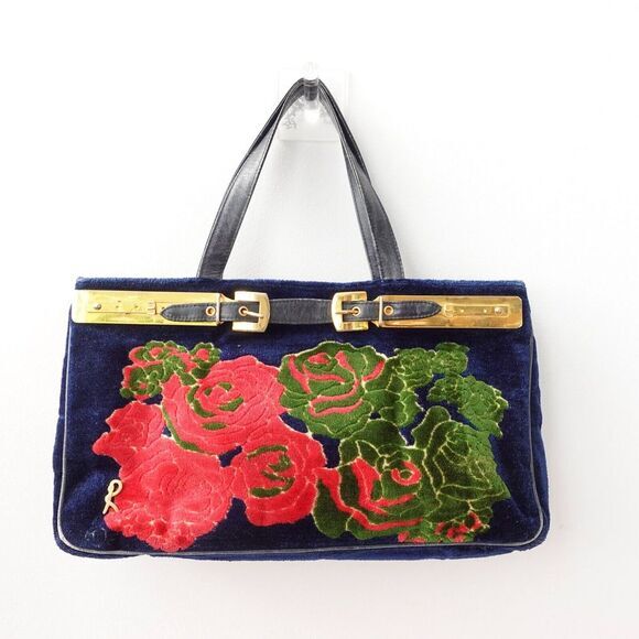 1970s VINTAGE Roberta Di Camerino Bag Flower Navy Devore Gold Belt Bagonghi RARE